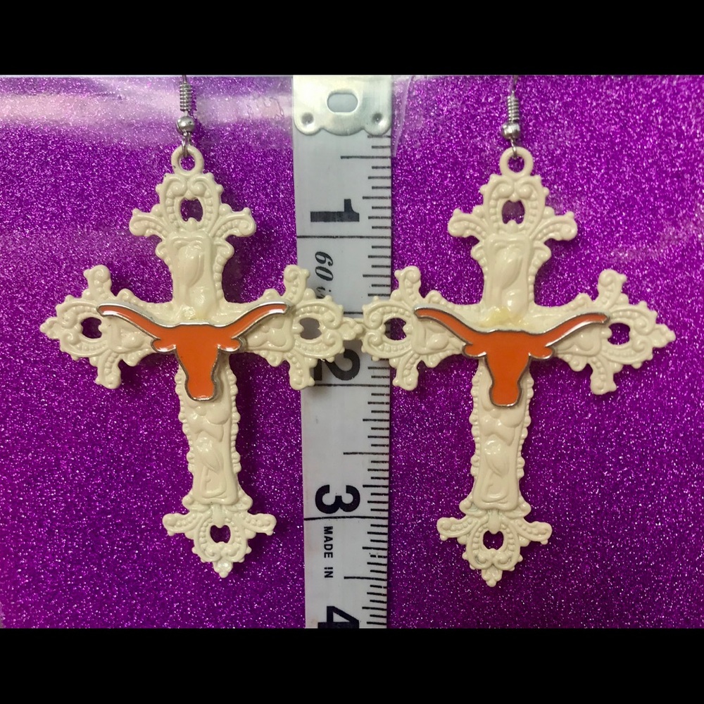 Flowered cross cream Texas Longhorn earrings
